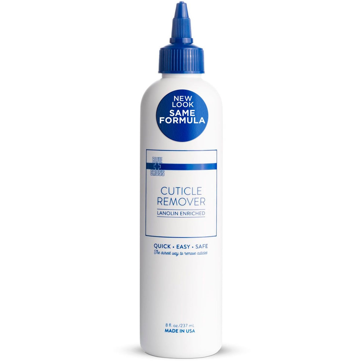 Blue Cross Cuticle Remover bottle 8oz demonstrating professional hydration for nails.