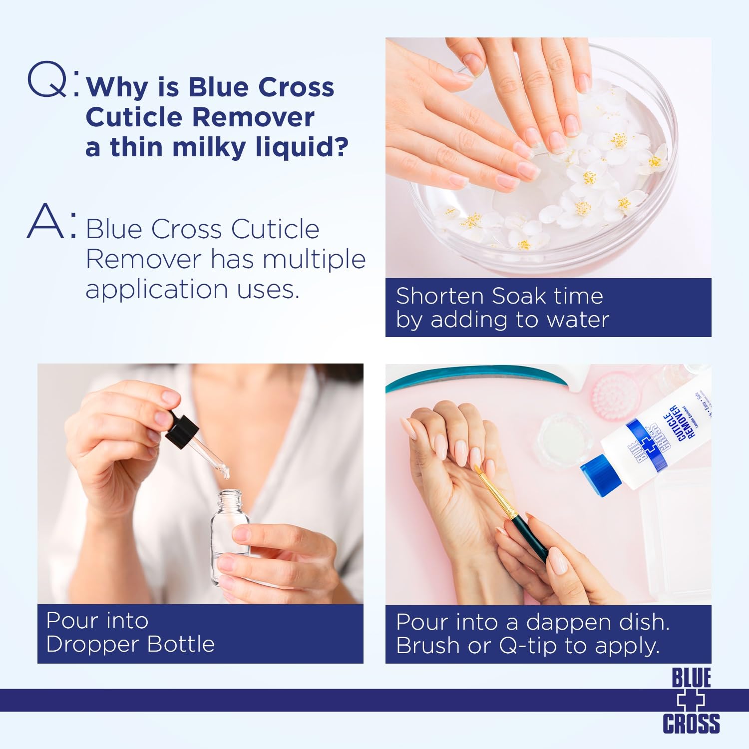 Blue Cross nail care line packaging highlights bulk 32oz bottle option for salons