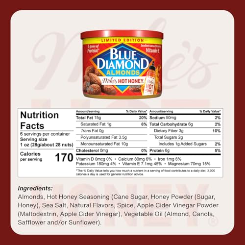 6oz can packaging detail—Blue Diamond almonds enriched with honey and chili flavors.
