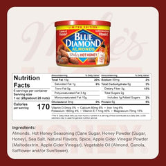 6oz can packaging detail—Blue Diamond almonds enriched with honey and chili flavors.
