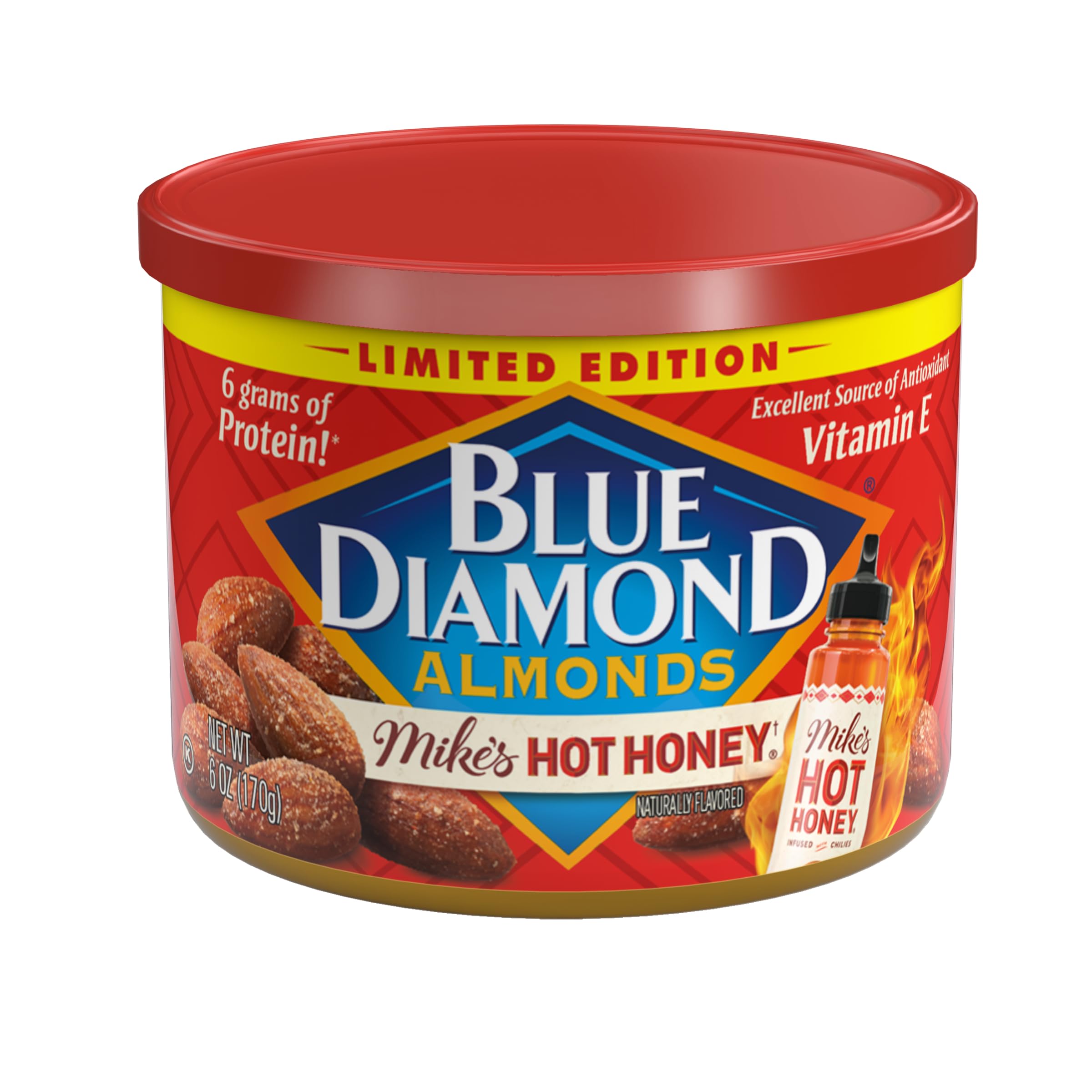 Blue Diamond Mike’s Hot Honey almonds in a can—crunchy, protein-rich snack with sweet heat.