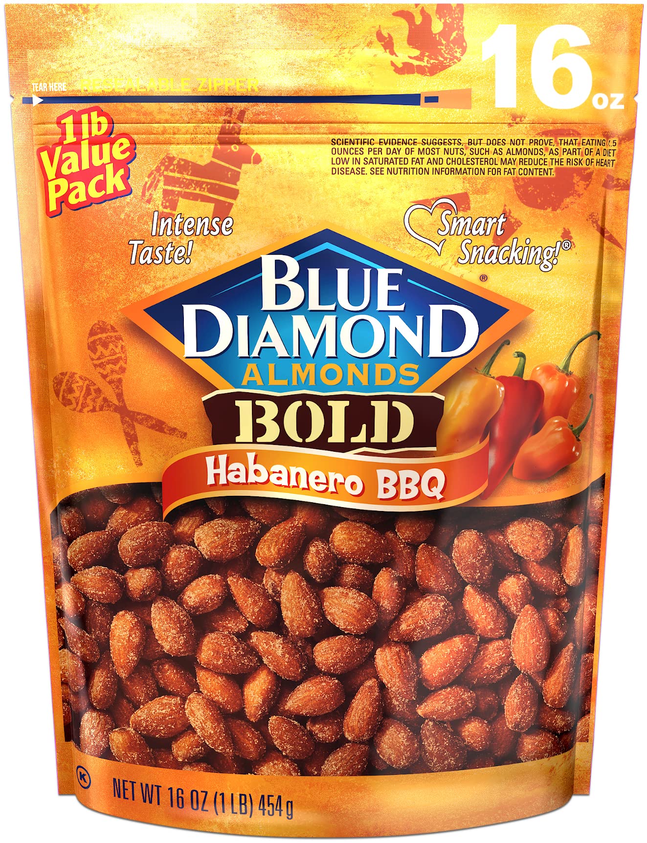 Blue Diamond Bold Habanero BBQ almonds in bag, spicy snack option.