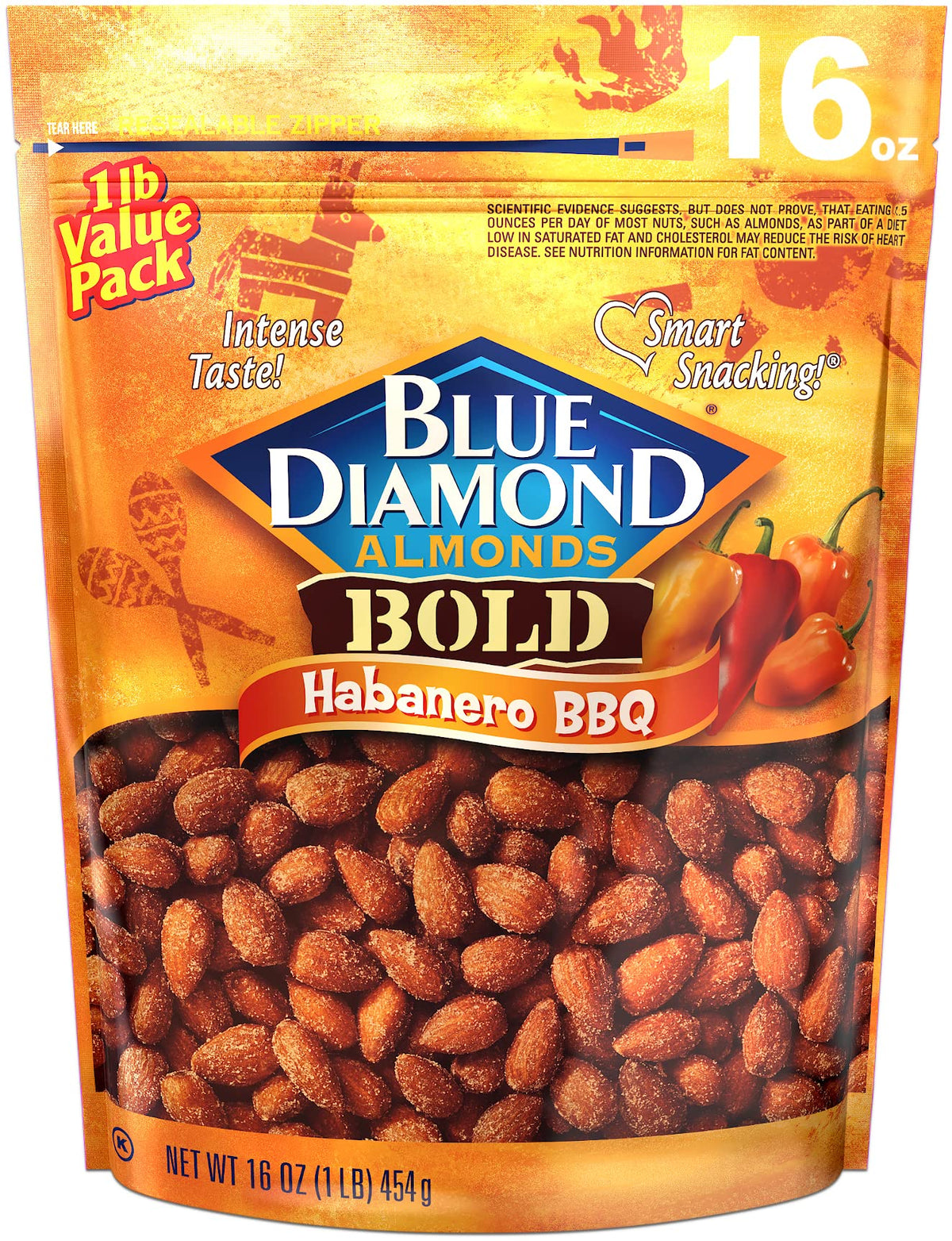 Blue Diamond Bold Habanero BBQ almonds in bag, spicy snack option.