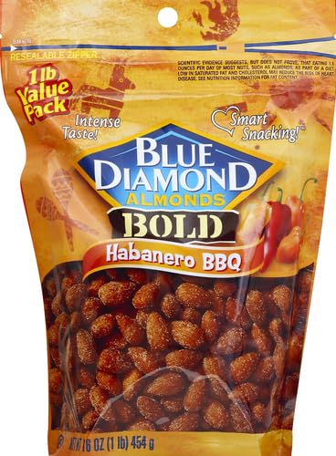 Blue Diamond Bold Habanero BBQ almonds in bowl showing rugged crunch.