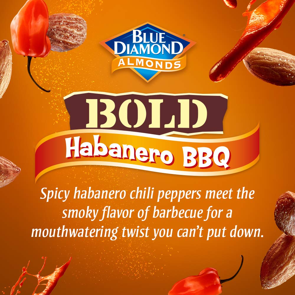 Blue Diamond Bold Habanero BBQ almonds in a handful for on-the-go snacking.