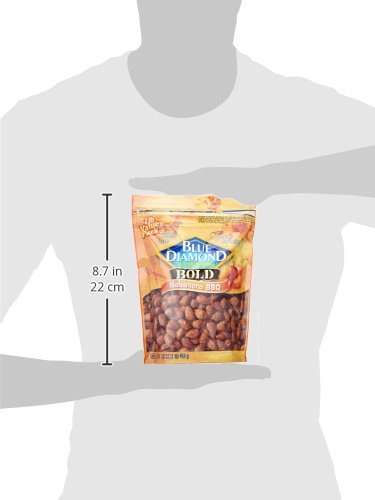 Blue Diamond Bold Habanero BBQ almonds nutrition panel highlighting 3g fiber and cholesterol-free.
