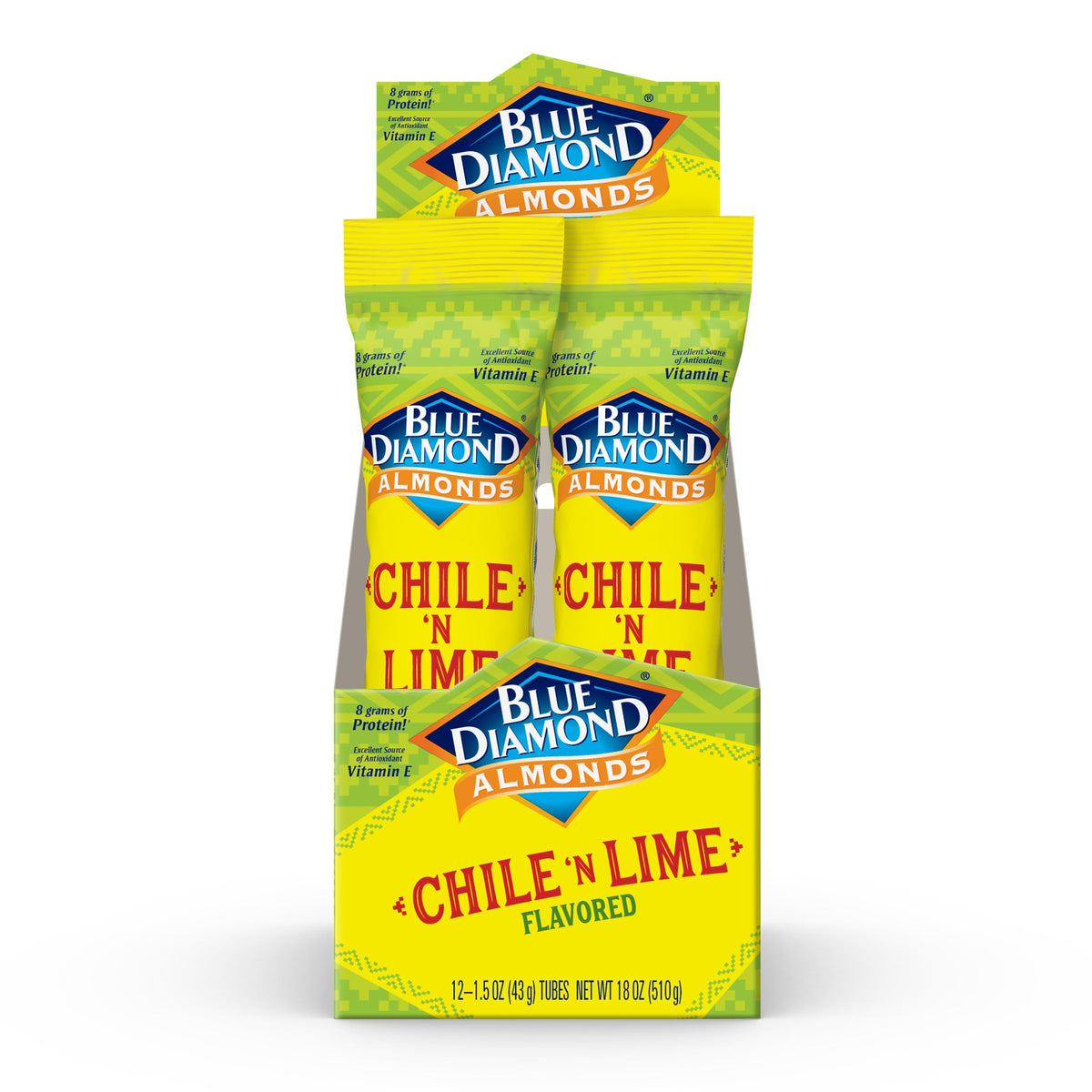 Blue Diamond Chile N Lime almonds in bag, bold flavor for on-the-go snacking, great for road trips