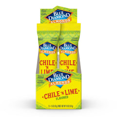 Blue Diamond Chile N Lime almonds in bag, bold flavor for on-the-go snacking, great for road trips