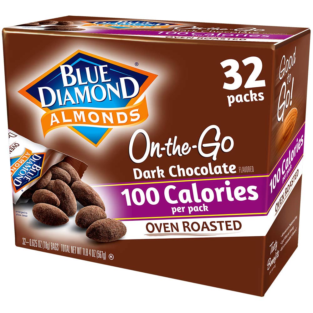 Blue Diamond Dark Chocolate Almonds 32-pack front display for convenient snacking