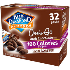Blue Diamond Dark Chocolate Almonds 32-pack front display for convenient snacking