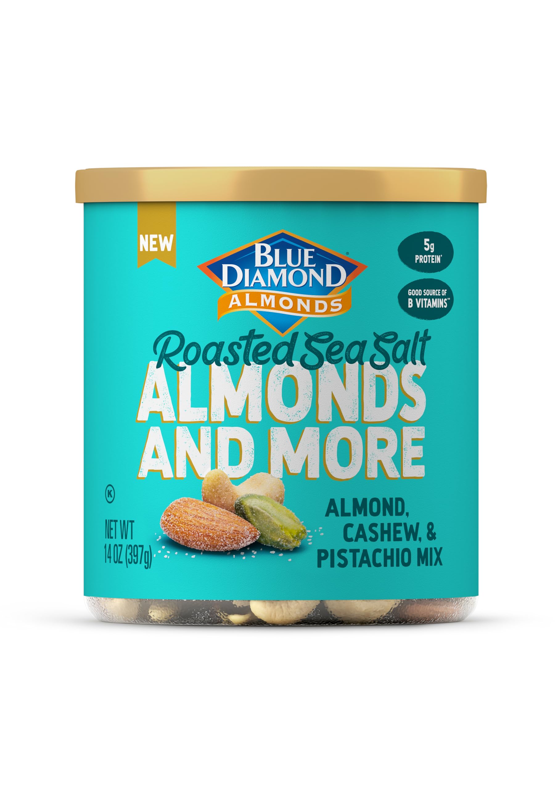 Blue Diamond Deluxe Roasted Sea Salt can of almonds and mixed nuts for a savory snack