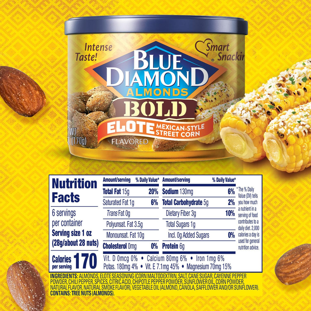 Blue Diamond Elote Street Corn almonds close-up reveals chili lime and cheesy spice.