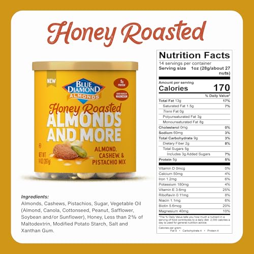 Blue Diamond Honey Roasted Almonds close-up, caramelized coating for a quick protein boost.