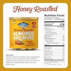 Blue Diamond Honey Roasted Almonds close-up, caramelized coating for a quick protein boost.