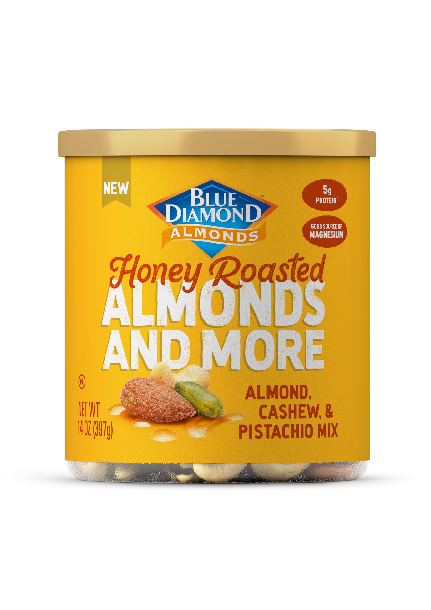 Blue Diamond Honey Roasted Mixed Nuts can front view, ideal for on-the-go snacking.