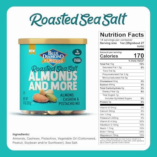 Blue Diamond mixed nuts close-up with almonds, pistachios, and cashews for protein-rich snacking