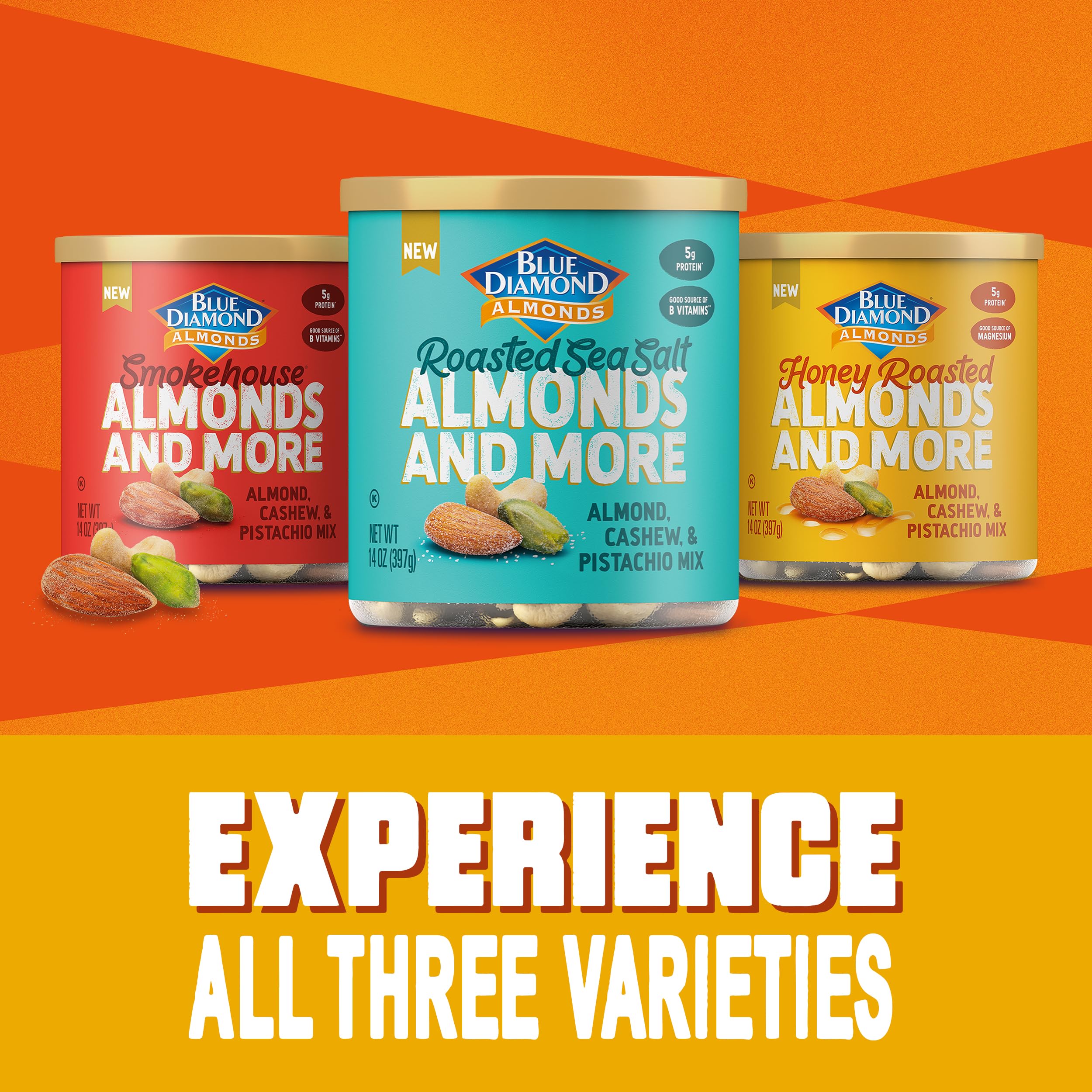 Blue Diamond honey-roasted mix on kitchen counter, family-friendly snack option.