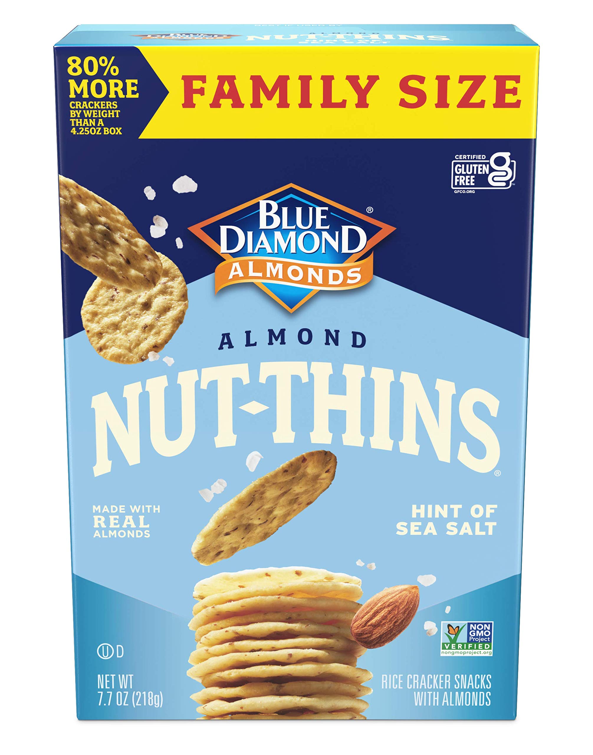 Blue Diamond Nut-Thins gluten-free crackers with sea salt, ideal for dips.