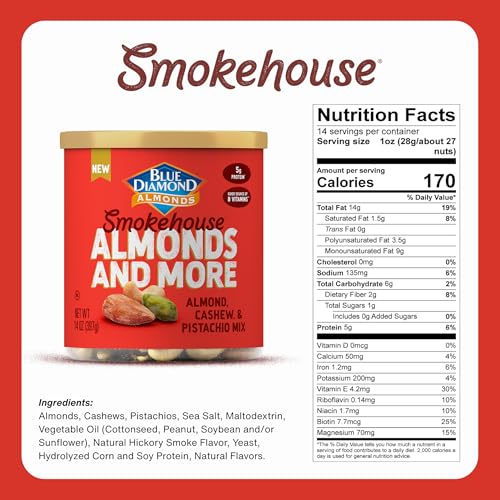 Blue Diamond Smokehouse nuts can side, rich flavor perfect for trail mix.