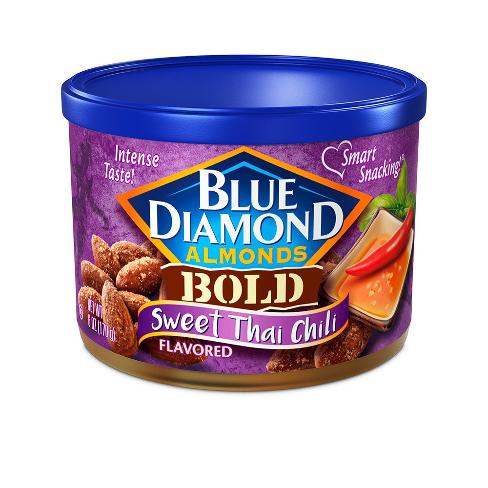 Blue Diamond Sweet Thai Chili almonds in 6oz container for quick, flavorful snacking.