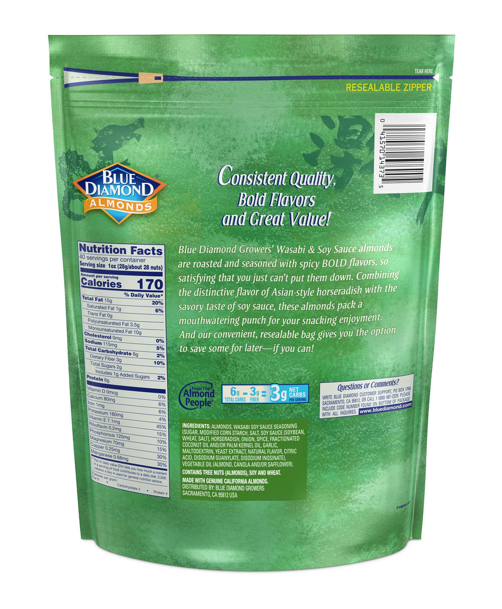 Blue Diamond Wasabi & Soy Almonds bag open for on-the-go snacking.