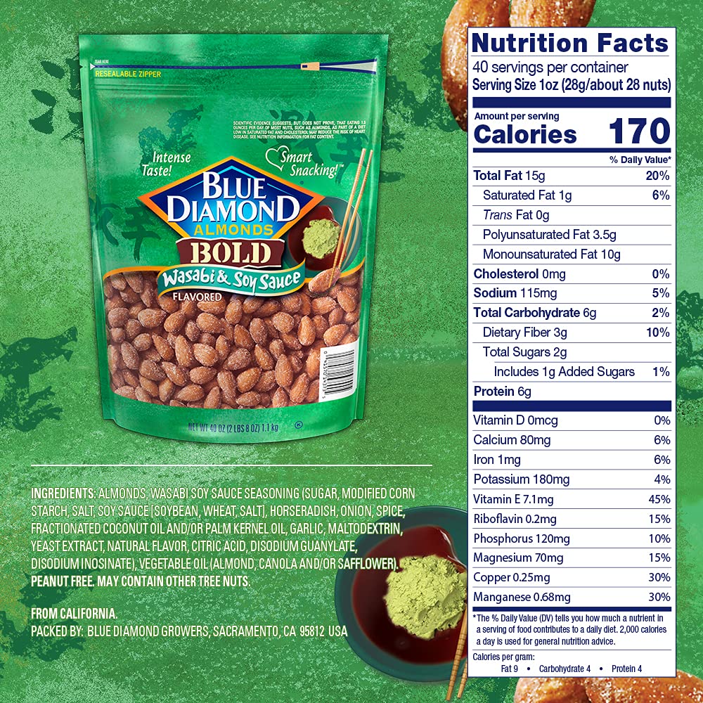 Blue Diamond Wasabi & Soy Almonds snack close-up for parties.