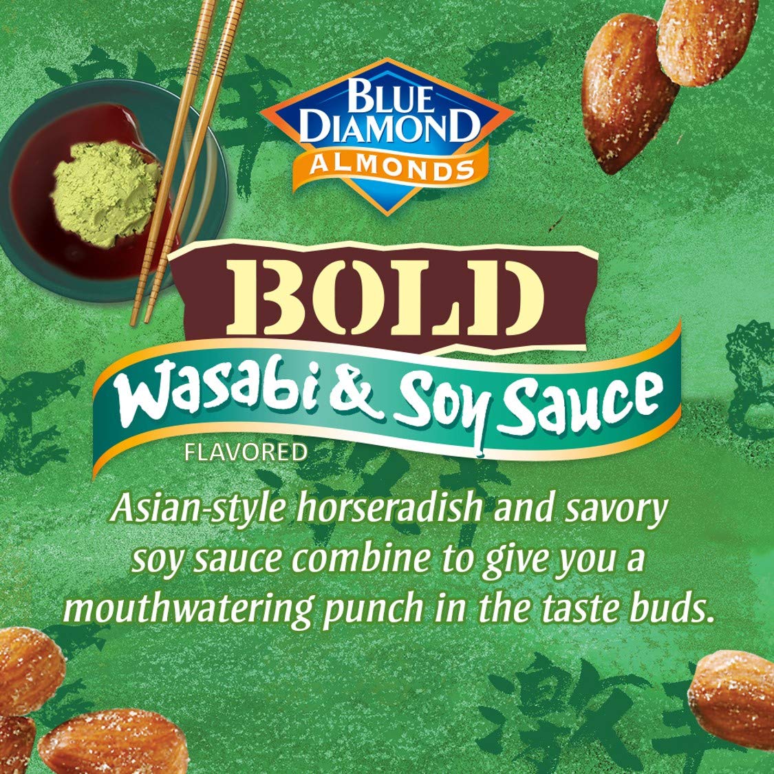 Blue Diamond Wasabi & Soy Almonds close-up crunch texture.