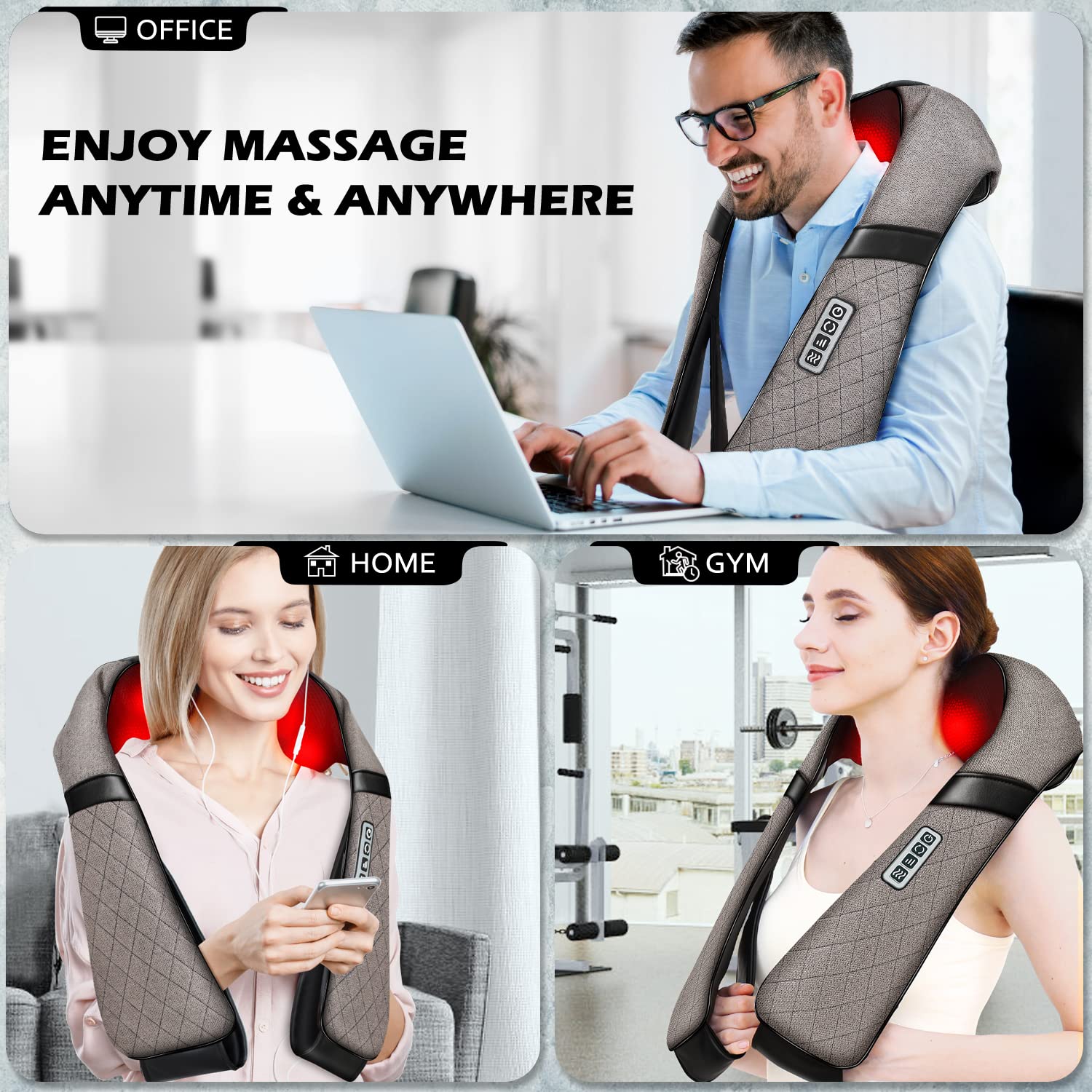 Blue Elf ergonomic neck massager with straps for adjustable positioning.