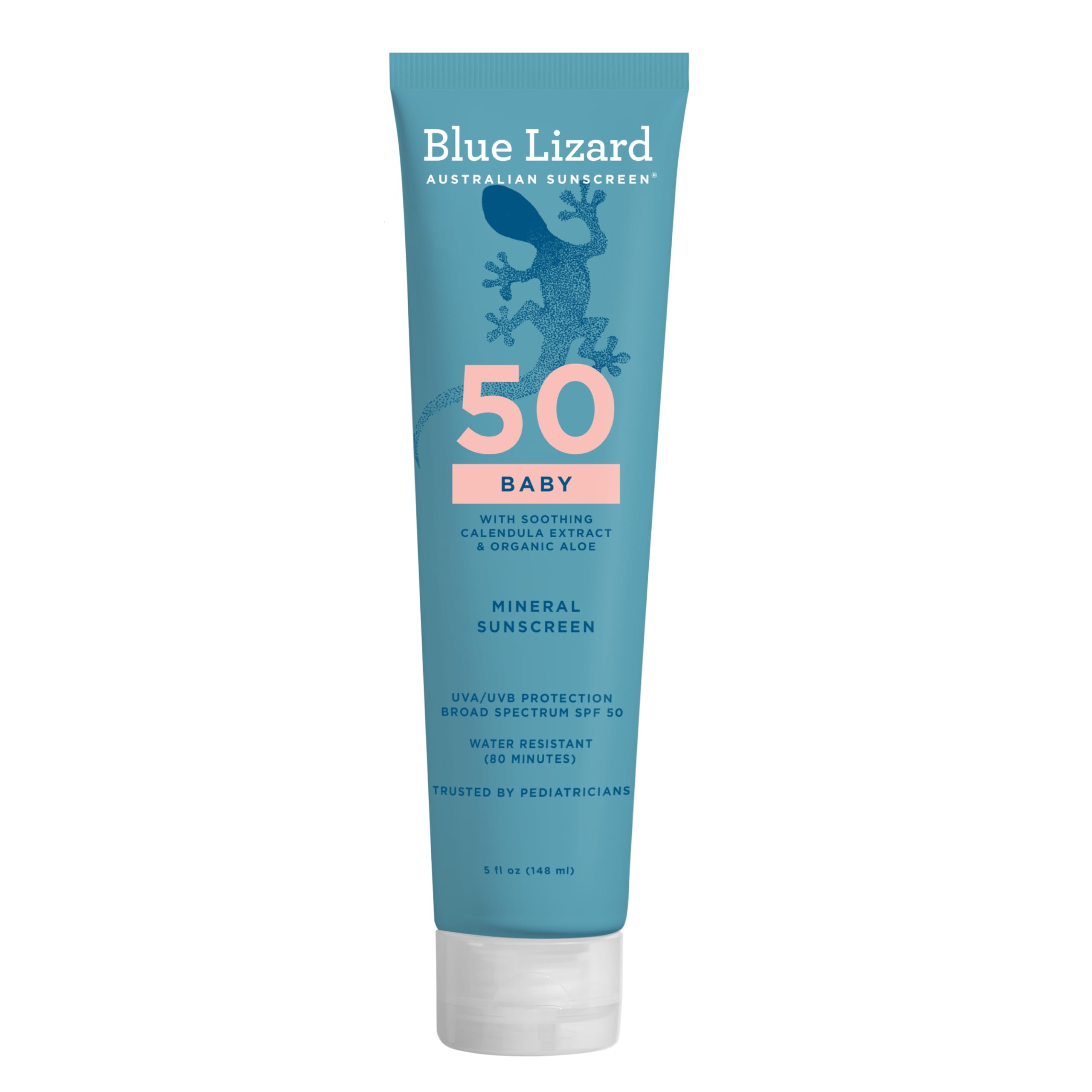 Blue Lizard Baby Mineral Sunscreen bottle front offering SPF 50+ protection for baby skin