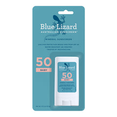 Blue Lizard Baby Mineral Sunscreen Stick SPF 50+ applies smoothly for mess-free protection.