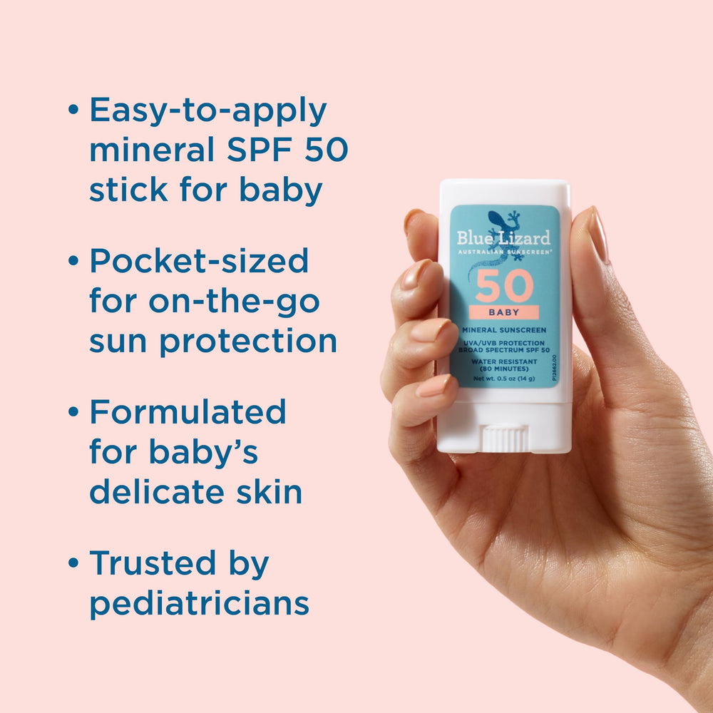 Blue Lizard Baby Mineral Sunscreen Stick rubs in clear for invisible sun protection.