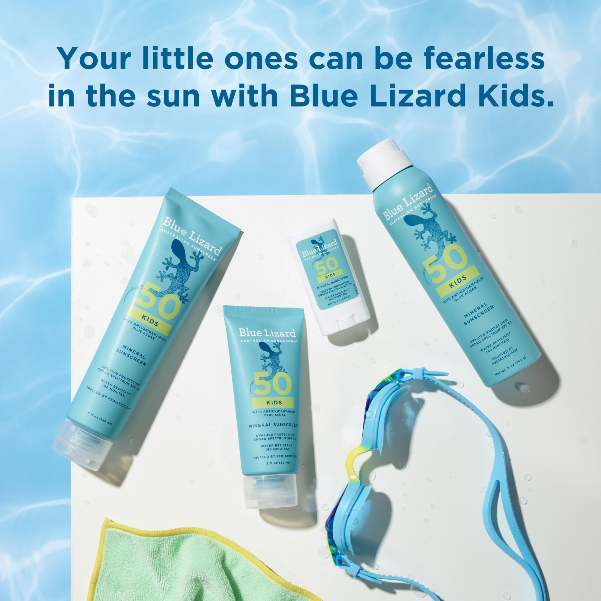 Blue Lizard Kids Mineral SPF 50 bottle featuring Blue Algae infusion.