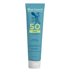 Blue Lizard Kids Mineral SPF 50 bottle highlighting broad-spectrum protection for kids.