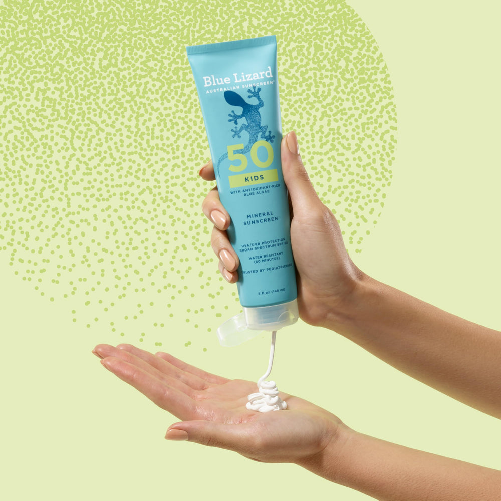 Blue Lizard Kids Mineral SPF 50 travel-friendly packaging for families.