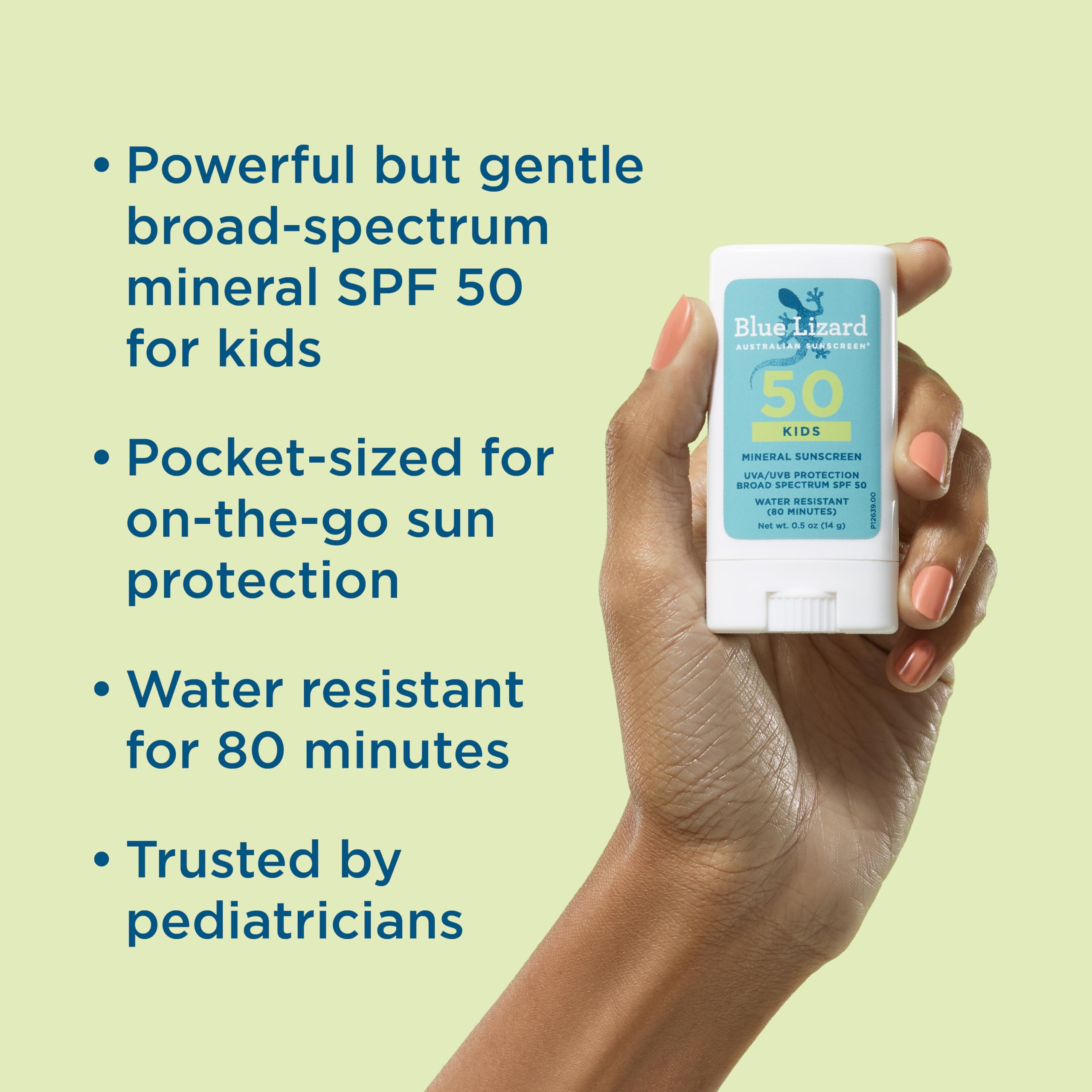 Blue Lizard Kids Mineral Sunscreen Stick top view highlights compact SPF 50 protection