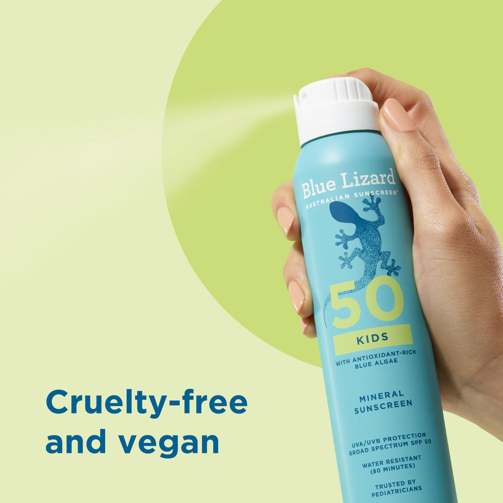 Blue Lizard Kids Mineral Sunscreen Spray with blue algae conditioning details.