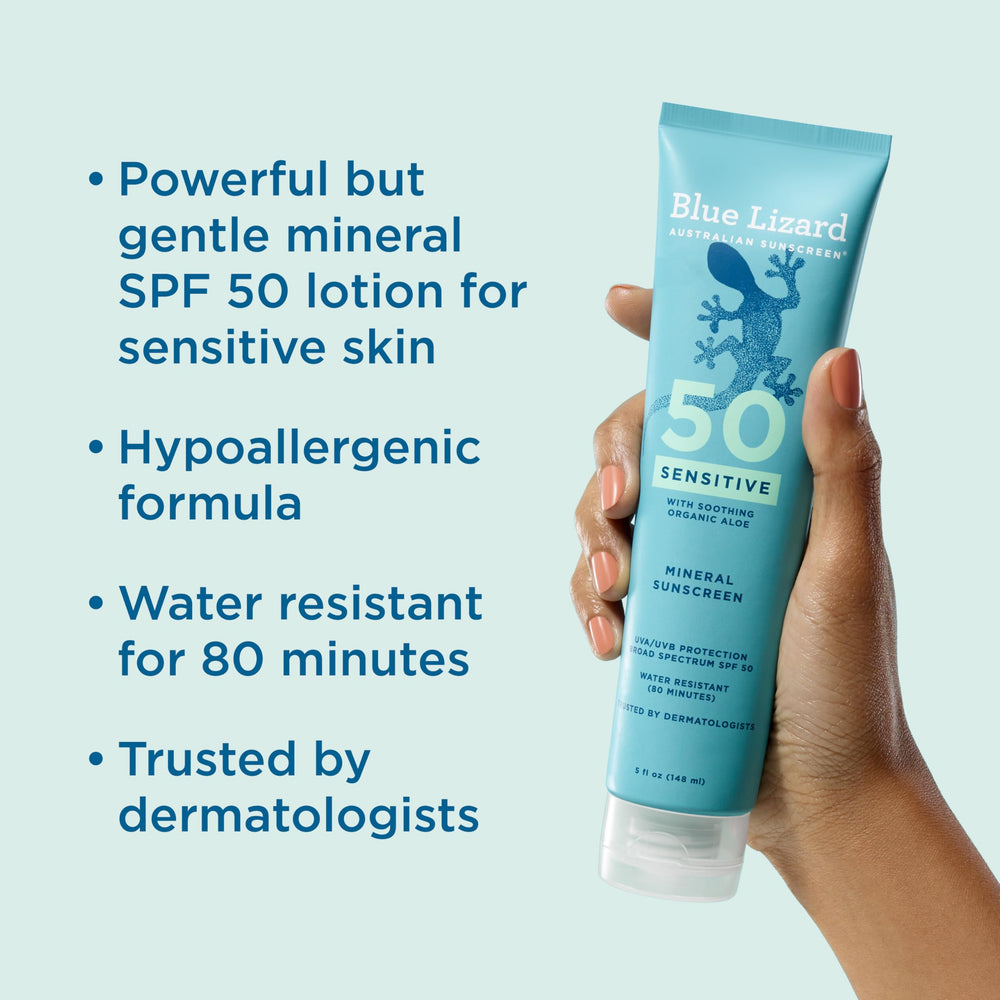 Close-up of Blue Lizard lotion being dispensed for easy application
