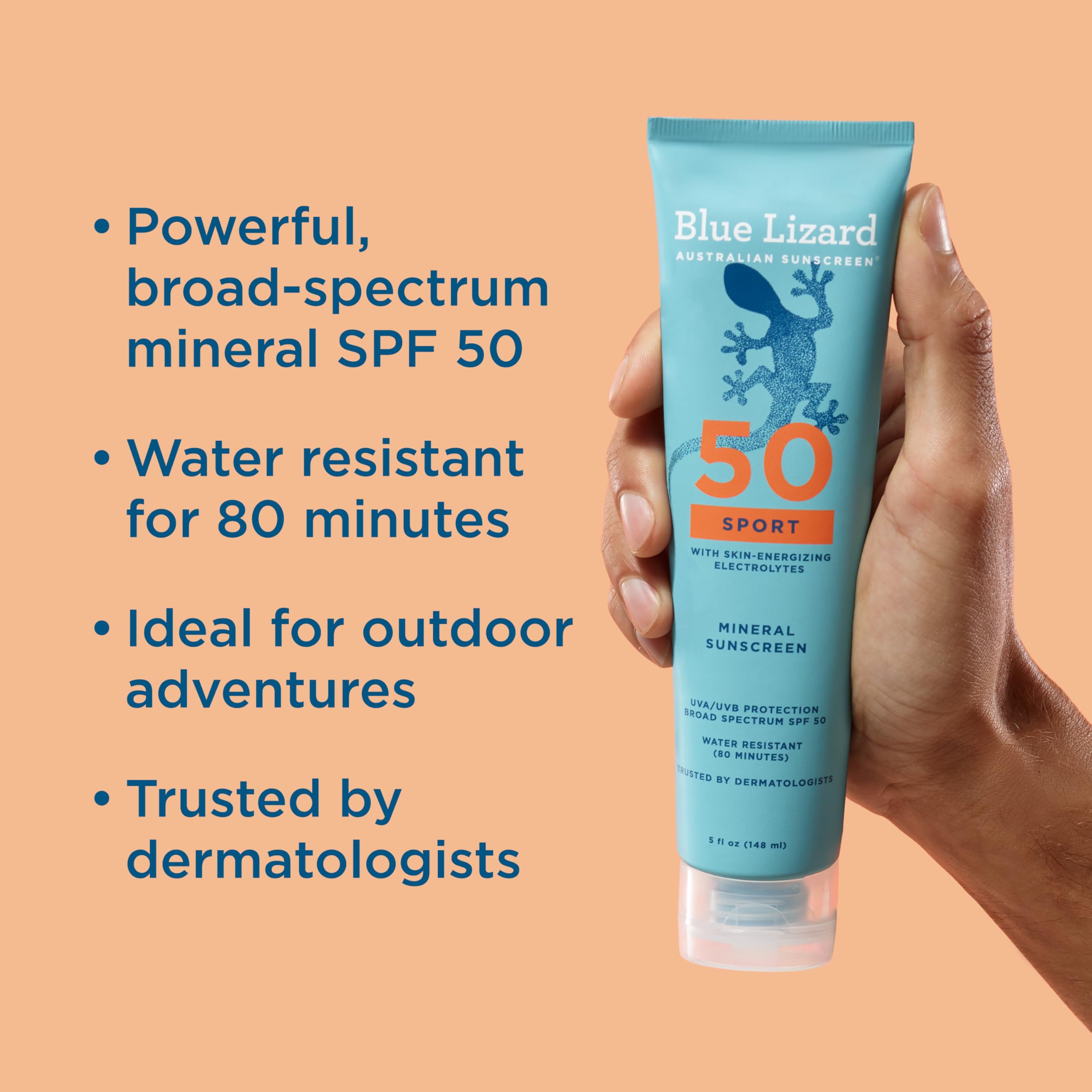 Blue Lizard Sport Mineral SPF 50 bottle close-up showing clear, fragrance-free formula