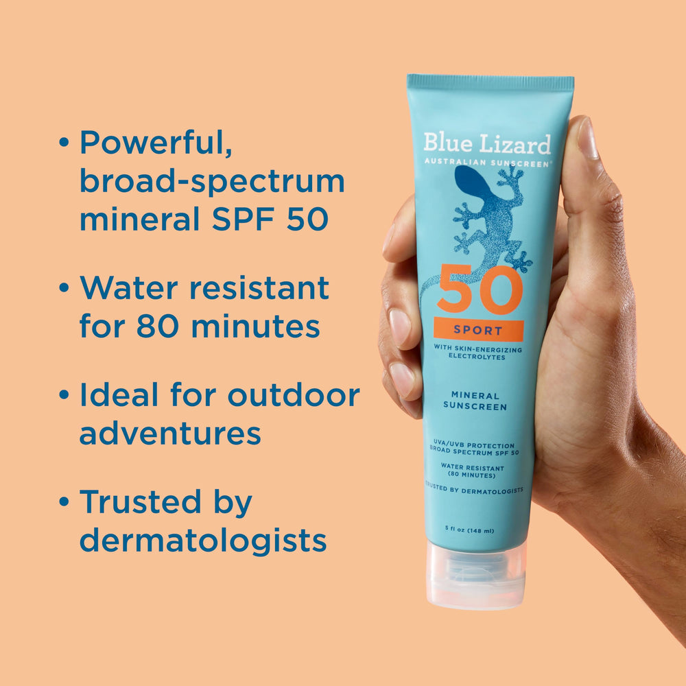 Blue Lizard Sport Mineral SPF 50 bottle close-up showing clear, fragrance-free formula