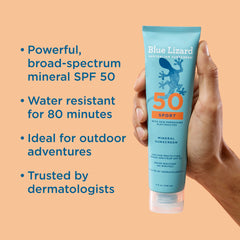 Blue Lizard Sport Mineral SPF 50 bottle close-up showing clear, fragrance-free formula