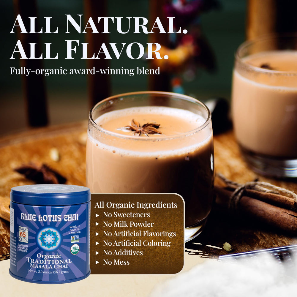 Blue Lotus Chai instant preparation concept with quick-mix visuals