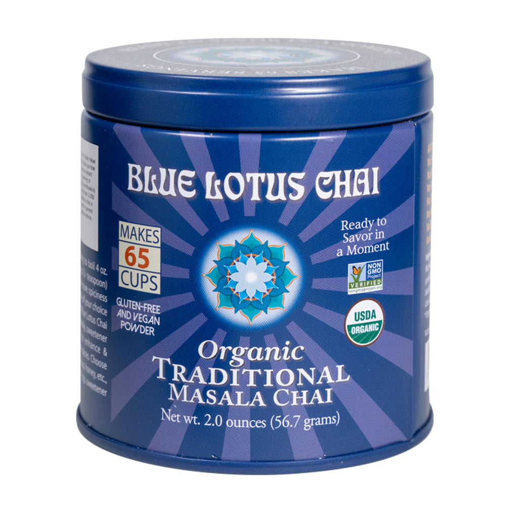 Blue Lotus Chai packaging showcasing fully organic ingredients for premium masala tea