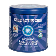 Blue Lotus Chai packaging showcasing fully organic ingredients for premium masala tea