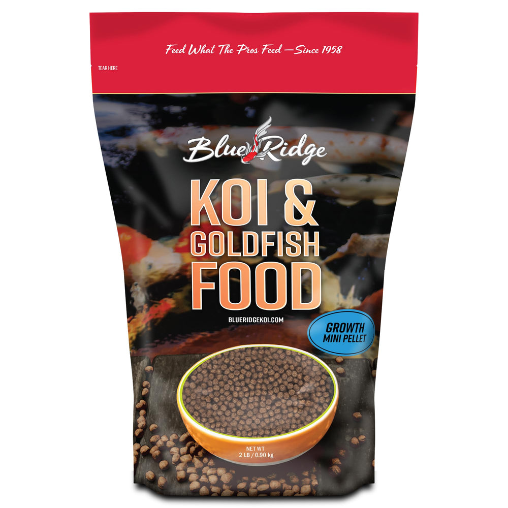 Blue Ridge Koi Food bag front with premium koi pellets for year-round koi and goldfish nutrition.