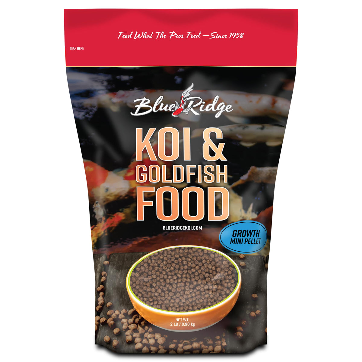 Blue Ridge Koi Food bag front with premium koi pellets for year-round koi and goldfish nutrition.