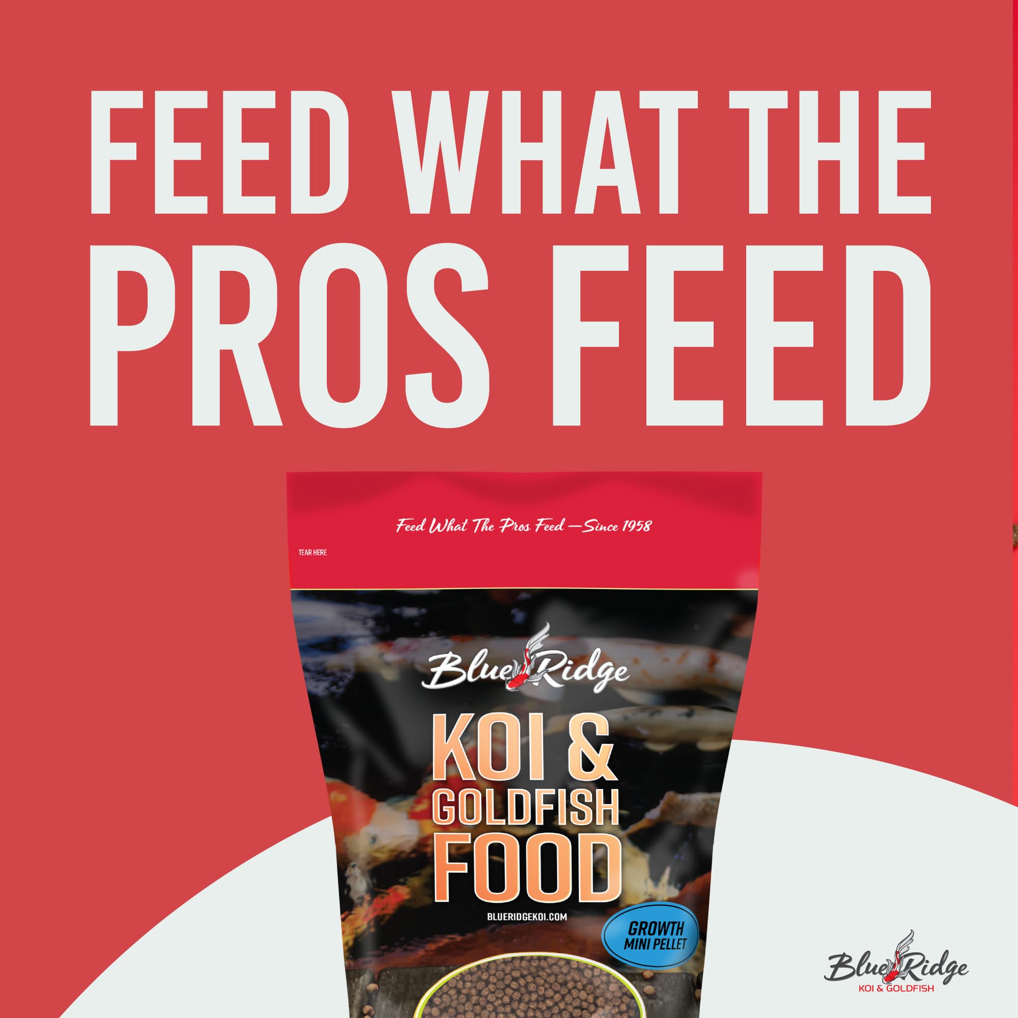 Blue Ridge Koi Food bag ingredients show vitamins and minerals for stress resilience.