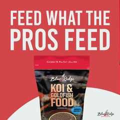 Blue Ridge Koi Food bag ingredients show vitamins and minerals for stress resilience.