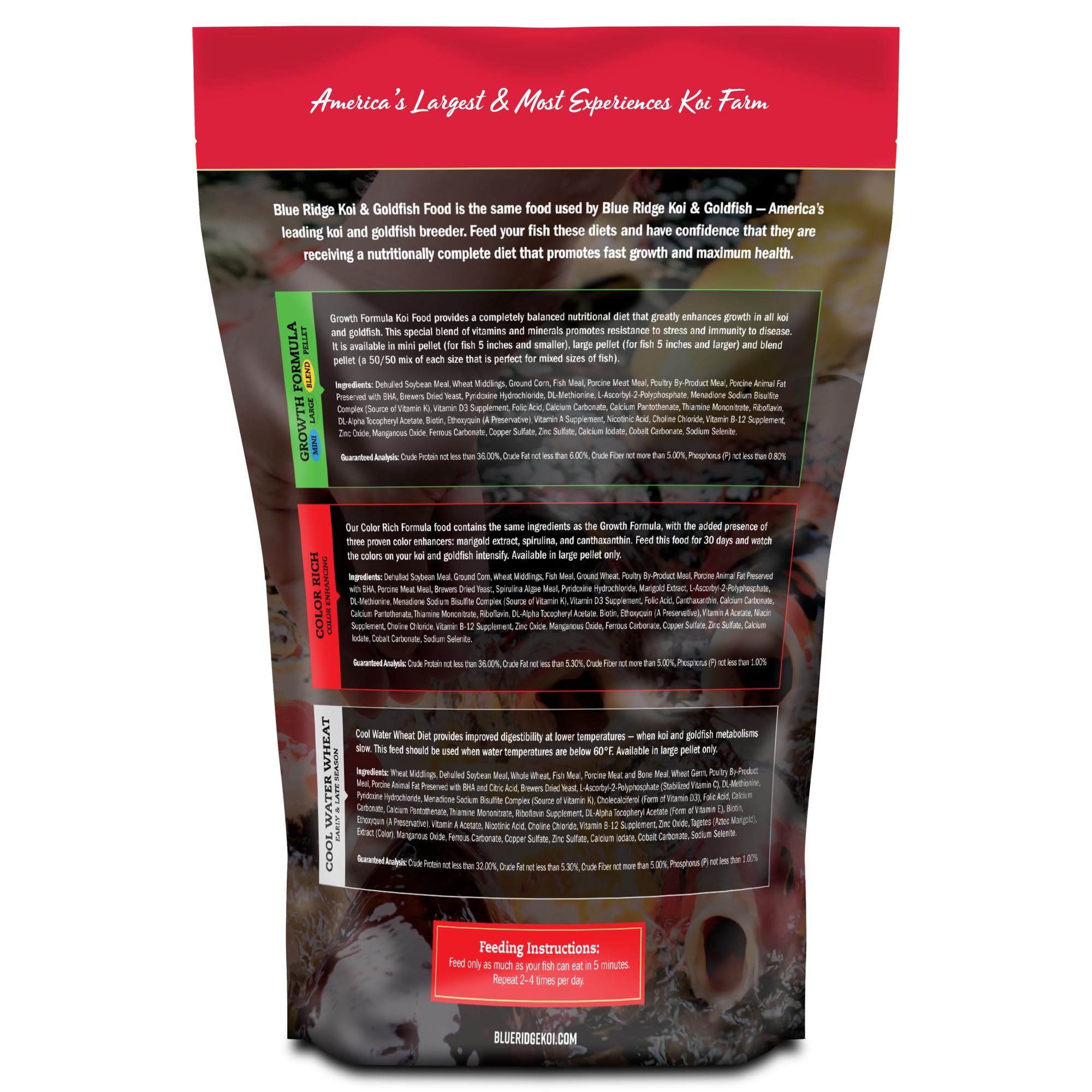 Blue Ridge Koi Food pellets closeup highlights soft pellets for easy digestion.