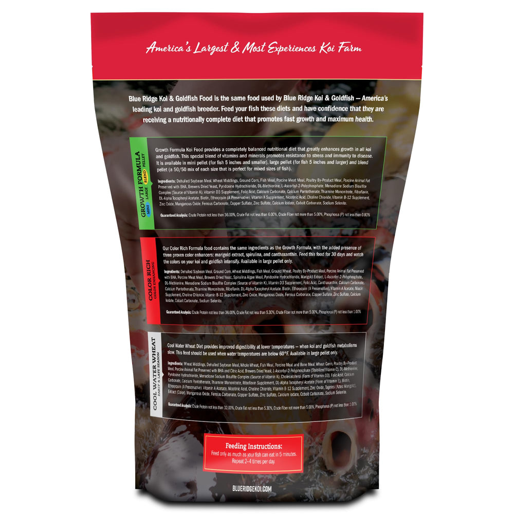 Blue Ridge Koi Food pellets closeup highlights soft pellets for easy digestion.