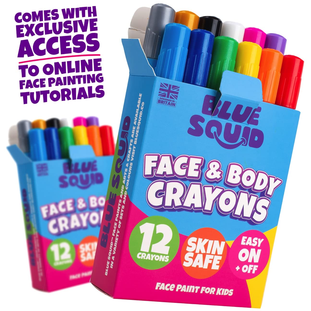 Blue Squid non-toxic cosmetic grade crayons ensure gentle skin art.